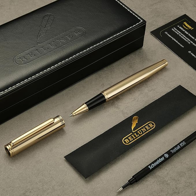 BEILUNER Luxury Gold Rollerball Pen, Stunning Pens with 24K Gold Finish, Noble and Elegant Designs,Schneider Ink Refill, Fancy Gift Set for Men & Women, Executive Writing, Office, Nice Graduation Gift