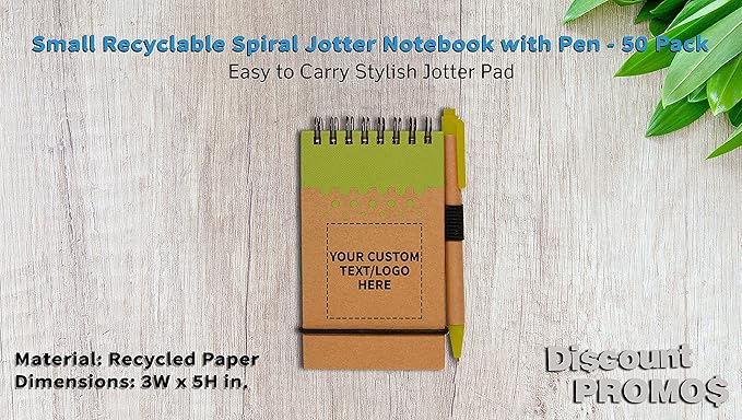 DISCOUNT PROMOS 50 Recyclable Spiral Small Notebooks Pack - Customizable Text, Logo - 60 Lined Pages - Lime Green