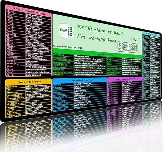 Get Excel Pad,Excel Shortcut Mouse Pad Desk Mat,Large Excel Cheat Sheet Spreadsheet Keyboard Mats Mousepad,Water-proof Non-Slip Stitched Edge,Excel Learning Essentials,31.5*15.7 inch,Black