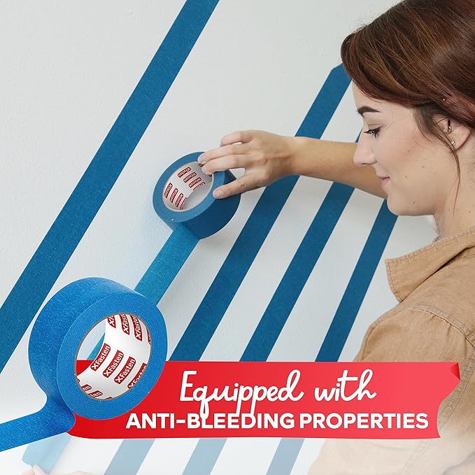 XFasten Professional Blue Painters Tape, Multi-Use, 3/4 Inches x 60 Yards (3-Pack) - Produces Sharp Lines and Residue-Free Artisan Grade Clean Release Wall Trim Tape