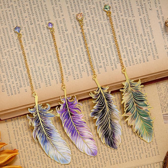 Feather-Shaped Metal Bookmarks with Chain, 4-Pack Vintage-Inspired Book Marks Set - Cute Unique Page Markers Gifts for Book Lovers, Readers, Writers, Reading Women, Men, Kids, Teens (Starry Wings)
