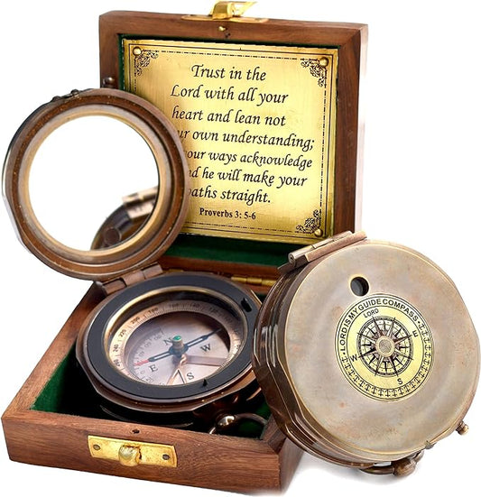 Trust in The Lord With All Your Heart - Proverbs 3:5-6 Quote Engraved Compass With Wooden Box, Greeting Card, Gift Compass, Graduation Day Gifts 2024 for Women Men Boys Girls