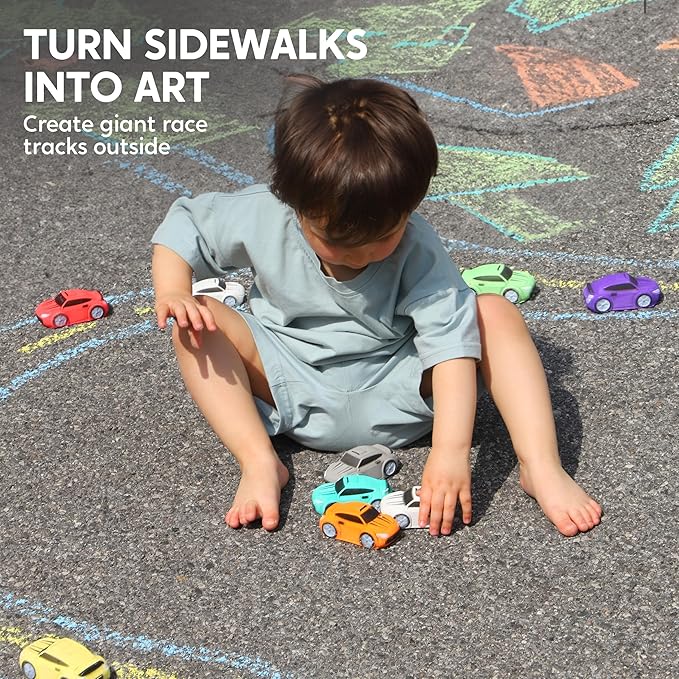 JOYIN 24PCS Race Car Sidewalk Chalk Bulk, Party Favors for Kids, Non Toxic Washable Jumbo Chalk,Toddler Outdoor Toys, Individually Wrapped, Birthday Gifts, Outside Toys (12 Colors)