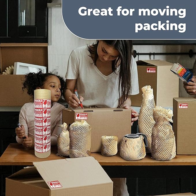 Bubble Wrap Substitute - Honeycomb Packing Paper 15''x360', Cushioning Wrap Moving, Shipping, Packing for Glassware, Plates, Cups with 36 Fragile Sticker Labels