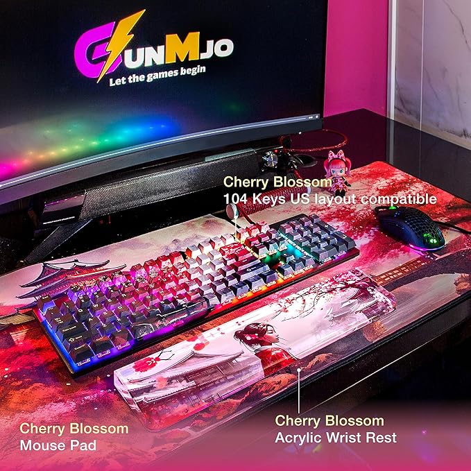 GUNMJO Cherry Blossom Extended Gaming Mouse Pad, Ultra-Smooth Surface for Pixel-Precise Mouse Control, Durable Anti-Fray Stitching, Non-Slip Rubber Base, for Gamer, Office & Home, Light & Portable