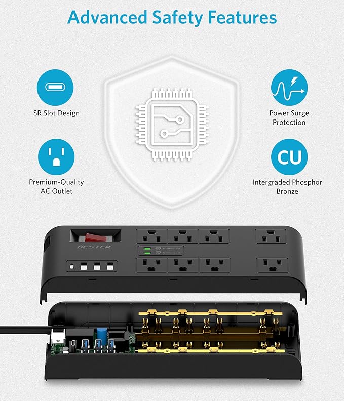 BESTEK 4,000 Joules Surge Protector with USB,6 Feet Extension Cord Power Strip with 8 AC Outlets 15A 1875W,5V 4.2A 4 USB Charging Ports Desktop Charging Station,Wide Spaced Outlet for Large Plug,Black