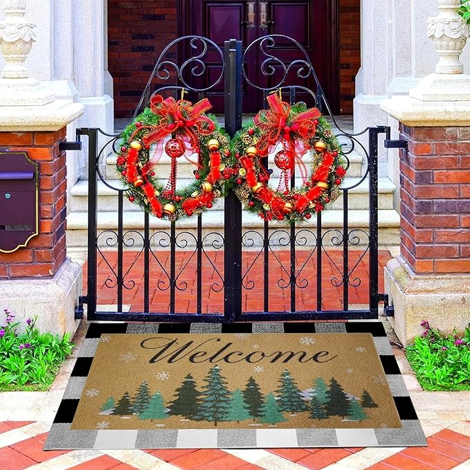 2 Pcs Christmas Welcome Doormats 30 x 17 Inch Christmas Pine Coir Door Mats for Front Doors Nonslip 2-in-1 Seasonal Buffalo Plaid Rug for Holiday Outside Entrance Porch Home Decor