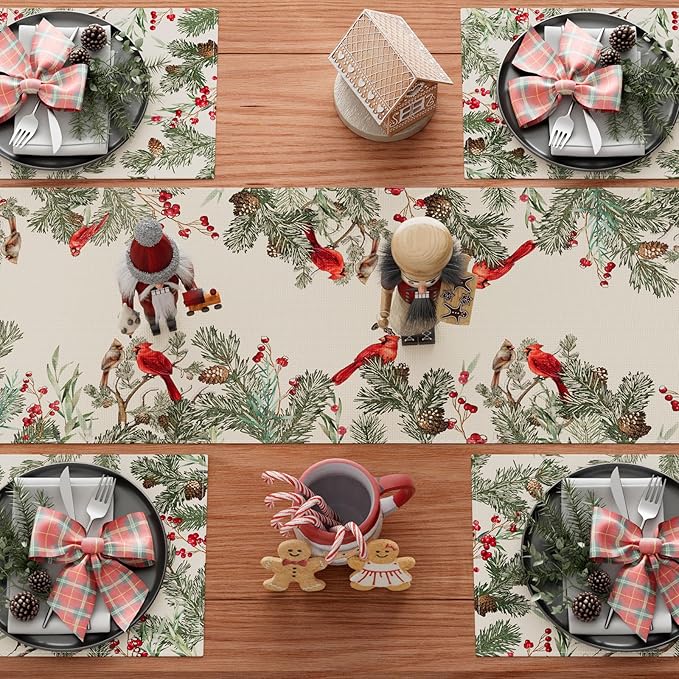 XCHI Cardinal Birds Winter Pine Tree Christmas Xmas Table Runner Table Decoration for Home Kitchen Dining Holiday Decor 13x90 Inch