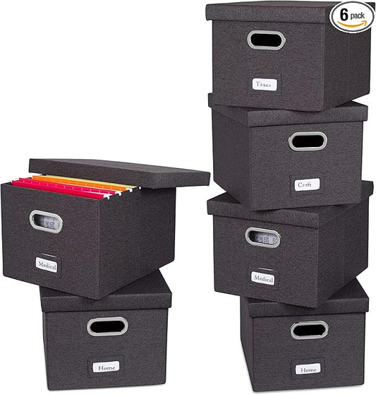 Internet's Best Collapsible File Storage Organizer with Lid - Decorative Linen Filing & Storage Office Box – Hanging Letter/Legal Folder – Home Office Bins Cabinet – Charcoal Container - 6 Pack