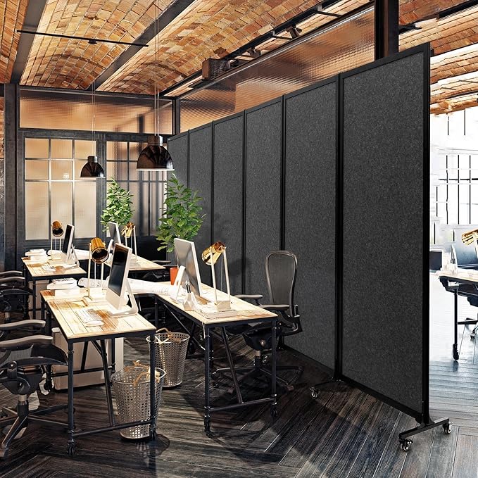 Upgrade Version Room Partition and Divider, Freestanding Rolling Dividers with Wheels,Office Privacy Screen Divider Wall,Classroom Felt Dividers,12'2"L* 6'7"H,6 Panel，Dark Grey