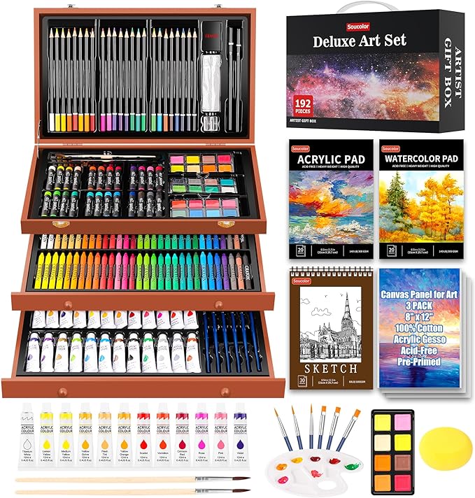 Soucolor Arts and Crafts for Kids Ages 8-12, 192-Pack Deluxe Art Set Coloring Drawing Painting Supplies Art Kit with Acrylic Pad, Watercolor Pad, Sketch Book, Canvases, Acrylic Paint, Crayons, Pencils