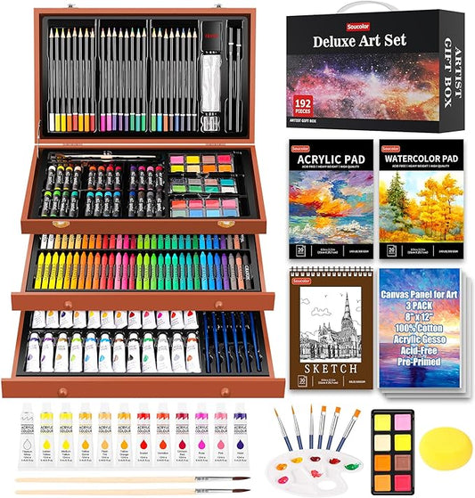 Soucolor Arts and Crafts for Kids Ages 8-12, 192-Pack Deluxe Art Set Coloring Drawing Painting Supplies Art Kit with Acrylic Pad, Watercolor Pad, Sketch Book, Canvases, Acrylic Paint, Crayons, Pencils