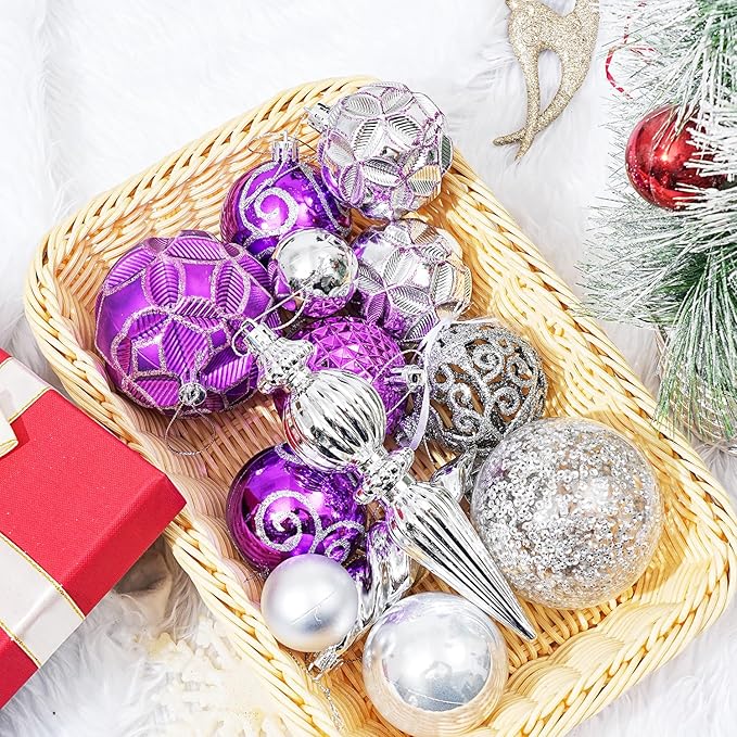 123pcs Christmas Ball Ornaments Set, Shatterproof Plastic Balls for Classic Xmas Decorations, Hanging Ornaments for Christmas Tree, Holiday, Bridal, Home Party, Purple and Silver