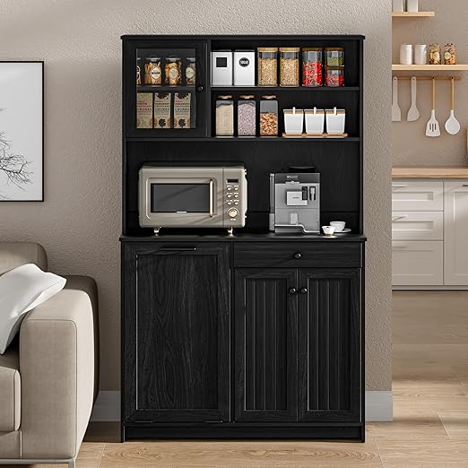 OLD CAPTAIN Tilt Out Trash Cabinet with Deodorising Function, Kitchen Hutch with Microwave Shelf and Drawer, Kitchen Pantry with Trash Cabinet for 10 Gallons, Black