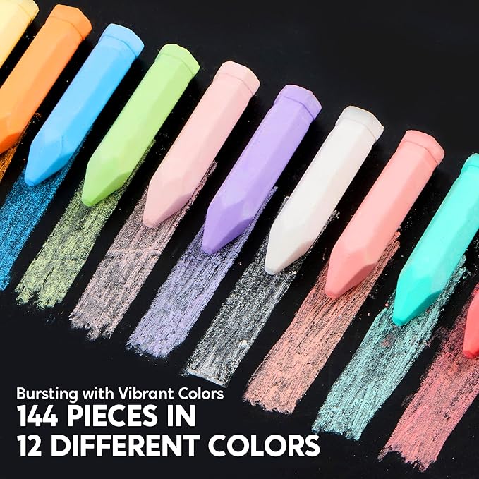 JOYIN 144 PCS Cone Shaped Washable Sidewalk Chalks, 12 Colors, Non-Toxic Jumbo Colored Chalk for Toddlers 1-3, Painting for Outdoor Art, School Supplies, Classroom Must Haves