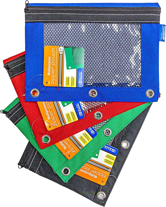 BAZIC Pencil Pouch 3 Ring Binder Pouch w/Rivet Enforced Rings Holes, Assorted Color Mesh Window Zipper Pouches, 24-Pack
