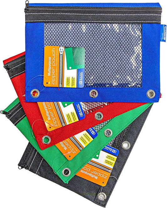 BAZIC Pencil Pouch 3 Ring Binder Pouch w/Rivet Enforced Rings Holes, Assorted Color Mesh Window Zipper Pouches, 4-Pack