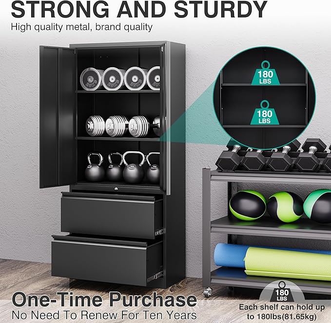 SISESOL 2 Drawer Lateral File Cabinet with Lock and Shelf,71" Black Filing Storage Cabinet with Doors,Locking Metal Storage Cabinets with Drawers for Home,Office,Garage,School,Fit A4/Letter/Legal File