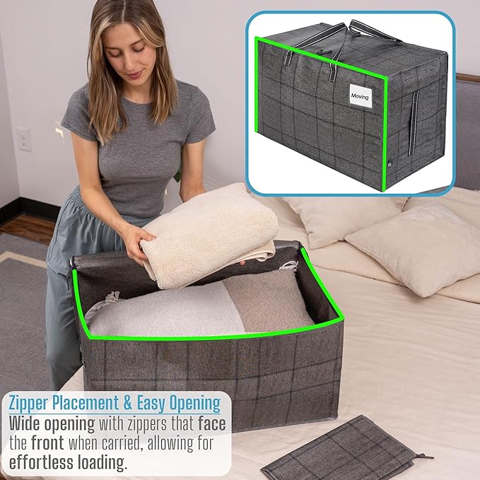 VENO 10 Pack Moving and Storage Bags, Heavy Duty, Alternative to Moving Boxes, Large Packing Totes Supplies for College Dorm Room with Zipper for Clothes, Wide Open Design (Windowpane, 10 Pack)
