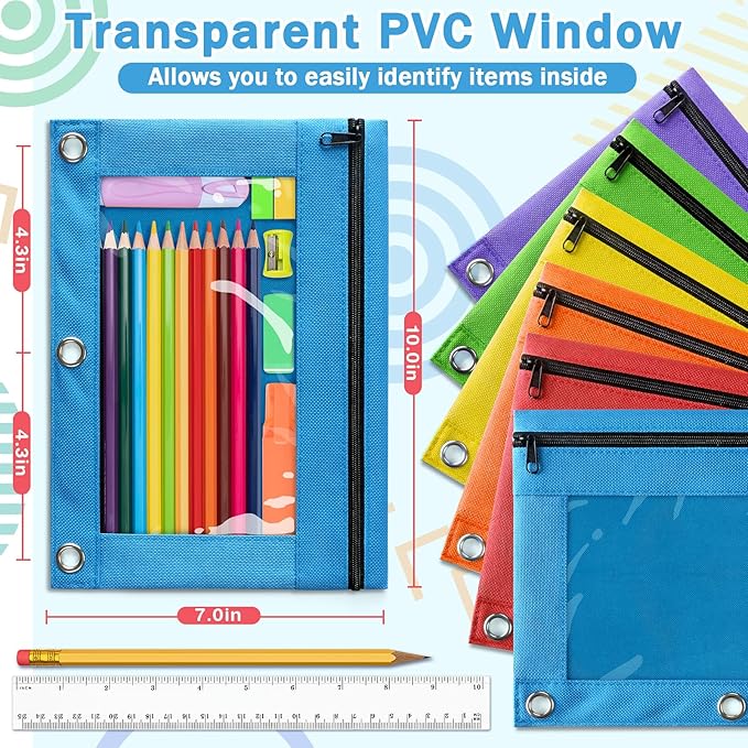 Pencil Pouch for 3 Ring Binder, 72 Pack Pencil Pouches with Zipper & Clear Window - 6 Assorted Color, Pencil Case Bulk for 3-Holes Binder, Multi-Purpose Storage Bag for Office, School Supplies (72)
