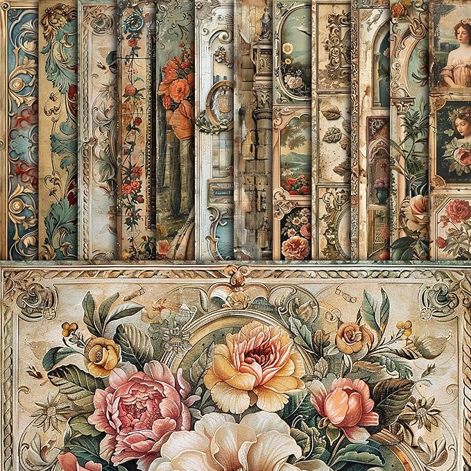 48 Sheets Vintage Baroque Scrapbook Paper, Vintage Decorative Paper for Scrapbook, Junk Journal paper, Pattern Paper, DIY Cards, and Photo Albums, Aesthetic Craft Supplies for Kids and Adults