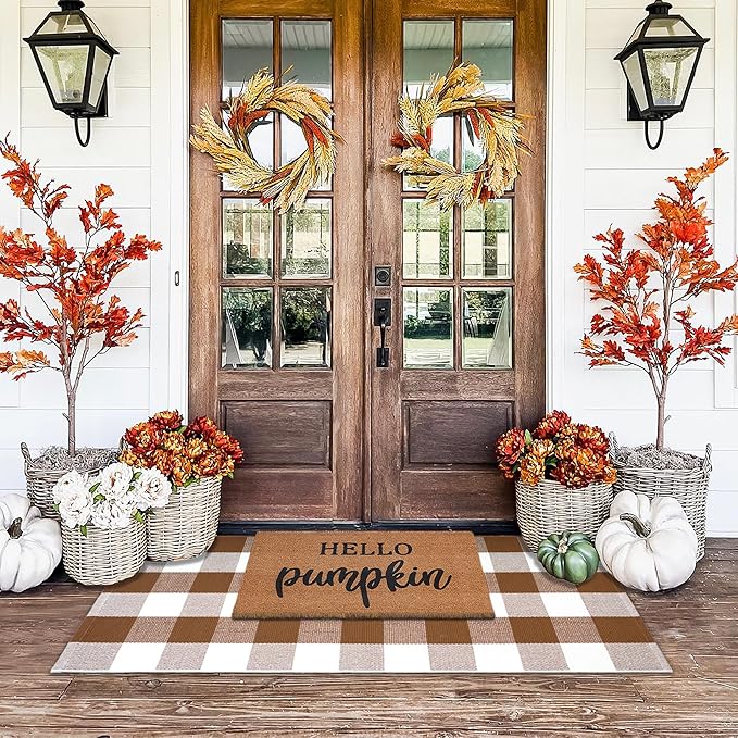 Buffalo Plaid Outdoor Rugs, 24'' x 51'' Coffe and White Checkered Area Rug, Layering Rug for Hello/Welcome Door Mat, Washable Cotton Woven Farmhouse Mat for Front Porch Décor