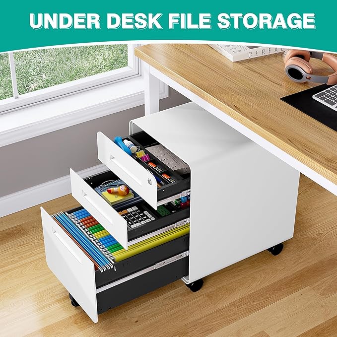 3 Drawer File Cabinet with Lock,Under Desk File Cabinet,White Rolling File Cabinets,Three Drawer Filing Cabinets for Home Office with Wheels,Fit A4/Letter/Legal File,Fully Assembled Except Casters