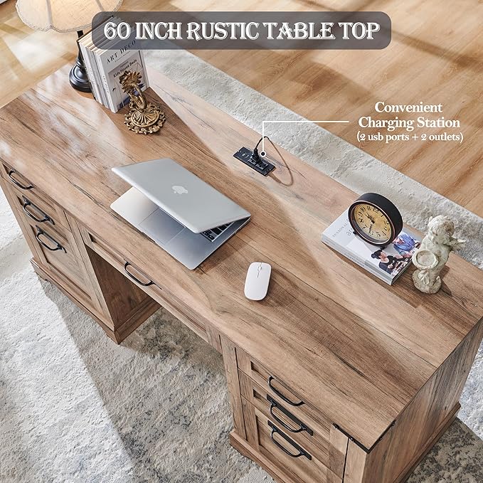 RedLemon 60" Farmhouse Executive Desk with Drawers, Wood Home Office Desk w/Charging Station, Keyboard Tray, File Drawer, Storage Cabinet, Rustic Computer Writing Desk (Natural Oak)