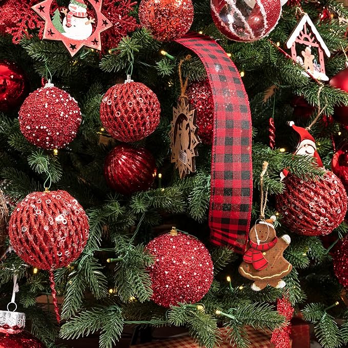 6pcs 3.94" Christmas Ball Ornaments Glitter Shatterproof Christmas Tree Ornaments Sequin Xmas Hanging Balls Decorations for Wedding Party Holiday(Red, 6pc-10cm)