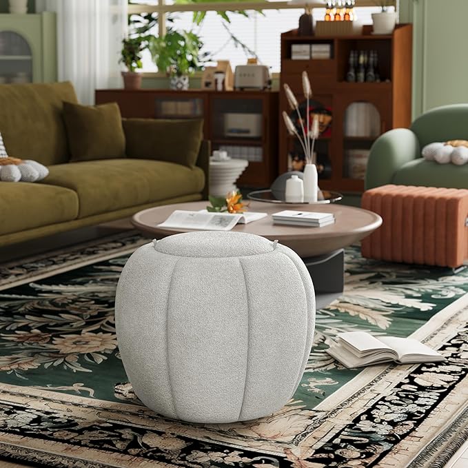 Storage Ottoman, Round Ottoman with Storage, Upholstered Soft Vanity Stool for Living Room, Foot Stool for Bedroom, Entryway (Light Gray)