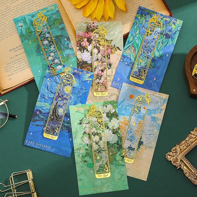 6 Pieces Metal Clip Bookmarks for Women, Golden Hollow Butterfly Bookmark Monet Oil Painting Theme Book Mark Birthday Funny Art Gifts for Book Lovers Writers Readers Children Teens Men