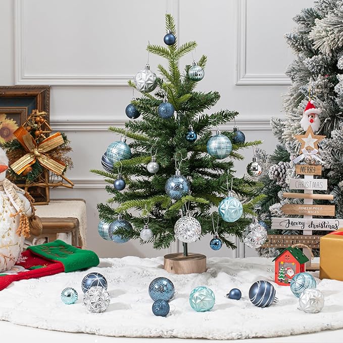 100ct Blue and Silver Christmas Ornaments Set, Shatterproof Christmas Decorations for Tree Plastic Xmas Ball Ornaments with Assortment of Designs and Size for Holiday Party Decor (Black & Silver)