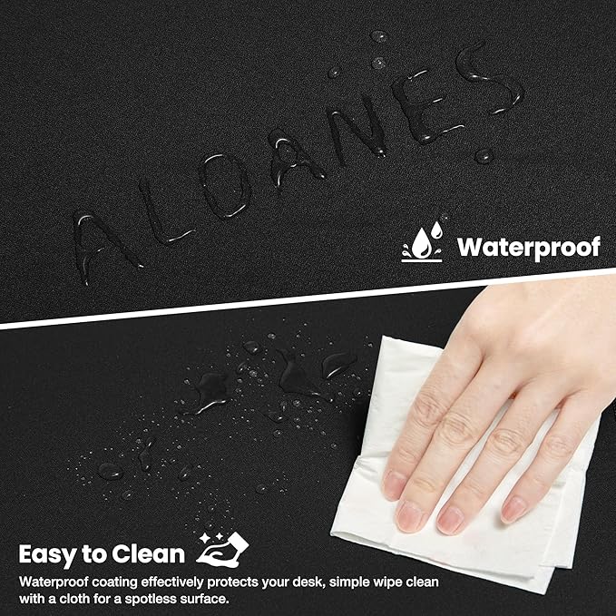 ALOANES Black Waterproof Desk Mat, Large, with Extended Mouse Mat, Office Desk Protector with Anti-Slip Base, Stitched Edge, Grain Jacquard Surface, Perfect for Gamer, Home, XL,11.81''x27.56''x0.12'