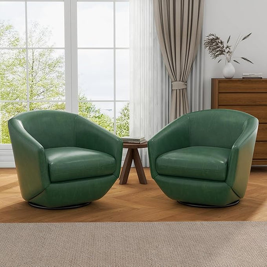 UIXE Faux Leather Swivel Accent Chairs Set of 2, Barrel Chair Upholstered Club Armchair for Living Room, Comfy Single Sofa Bedroom Side Reading Seat - Green