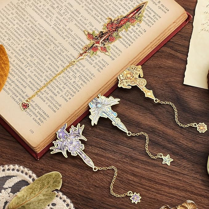 4Pcs Fantasy Sword Bookmarks for Books Journals Planners, Cool Forth Wing Metal Book Marker for Reading Women Men, Unique Book Marks Gifts for Book Lovers, Reading Accessories for Students Adults Kids