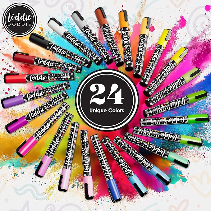 Loddie Doddie Liquid Chalk Markers (24-Pack) - Dust-Free Erasable Pens for Windows, Glass, Chalkboard & Blackboard - 6mm Reversible Bullet & Chisel Tip