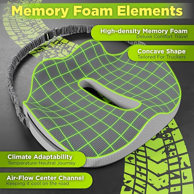 XL Truck Seat Cushion for Truck Driver Seat Cushion - Upgraded Back Support, CertiPUR-US® Certified - Thick Memory Foam, Pain Relief for Hours of Driving, Trucker Approved Big Rig - Gray
