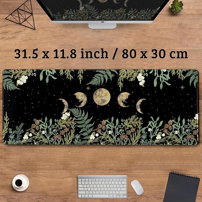 Green Tropical Leaves Desk Mat Black Mouse Pad Cute Anime Moon Deskmat, Women Office Decor Computer Laptop Keyboard Mouse Mat, XL Large Gaming Mousepad Desk Pad with Stitched Edge 31.5''x11.8''