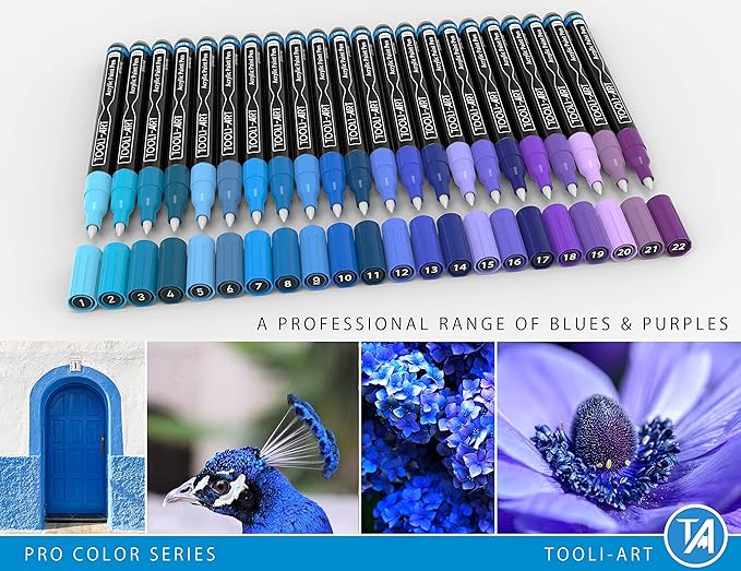 Acrylic Paint Pens 22 Blue & Purple Tones Assorted Pro Color Series Markers Set 0.7mm Extra Fine Tip for Rock Painting, Glass, Mugs, Wood, Metal, Canvas, Projects, Non Toxic, Waterbased, Quick Drying
