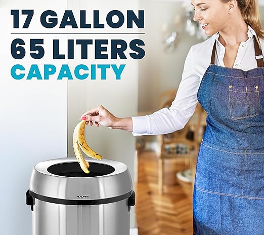 Alpine 17 Gallon Stainless Steel Open Top Trash Can – Commercial-Grade, Corrosion-Resistant, Brushed Finish, Large Capacity Garbage Bin for Home, Office, Restaurant & High-Traffic Areas.