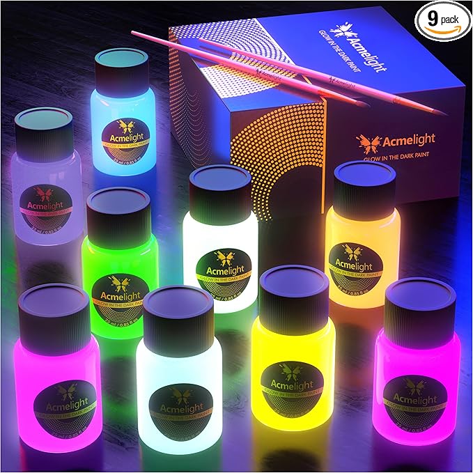 Glow in the Dark Acrylic Paint Set - 9 Neon Fluorescent Colors for Canvas, Wood & Stone - Blacklight Reactive - Cool Art Supplies Gift for Artists & Adults