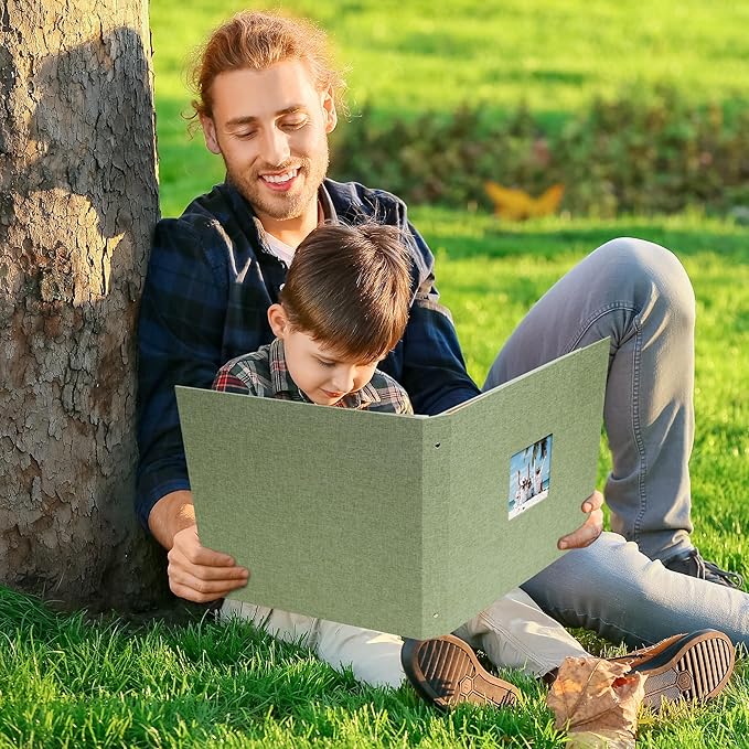 Vienrose Scrapbook Photo Album 12x12 Inch 3 Ring Binder, Linen Cover Large DIY Scrapbooks with 50 Sheets Plastic Sleeves 100 Pages Blank Khaki Inner Pages for Wedding Birthday Travel Baby Grass Green