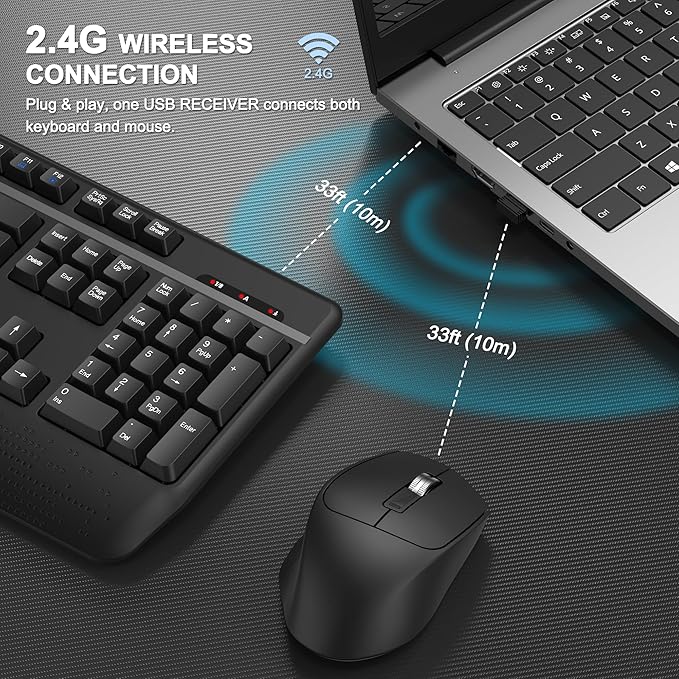 Wireless Keyboard and Mouse Combo, EDJO 2.4G Full-Sized Ergonomic Computer Keyboard with Wrist Rest and 3 Level DPI Adjustable Wireless Mouse for Windows, Mac OS Desktop/Laptop/PC (Dark Gray)