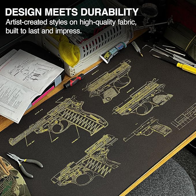 MPCO. Blueprints Large Gaming Desk Pad - 36" x 17" Aeroglyde Fabric Pistol 38 – Black/Yellow Desk Mats - Non-Slip, Washable, Smooth Glide for Precision Gaming & Work