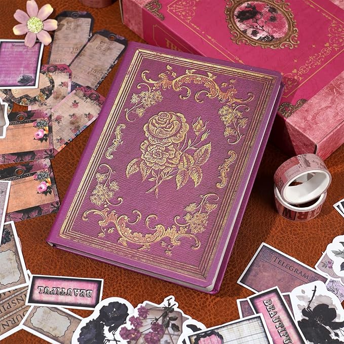 Funto Scrapbooking Kit (185 PCS), Medieval Chapter- Rose Garden, Perfect for Bullet Scrapbooking Materials, Planner DIY Craft Collage