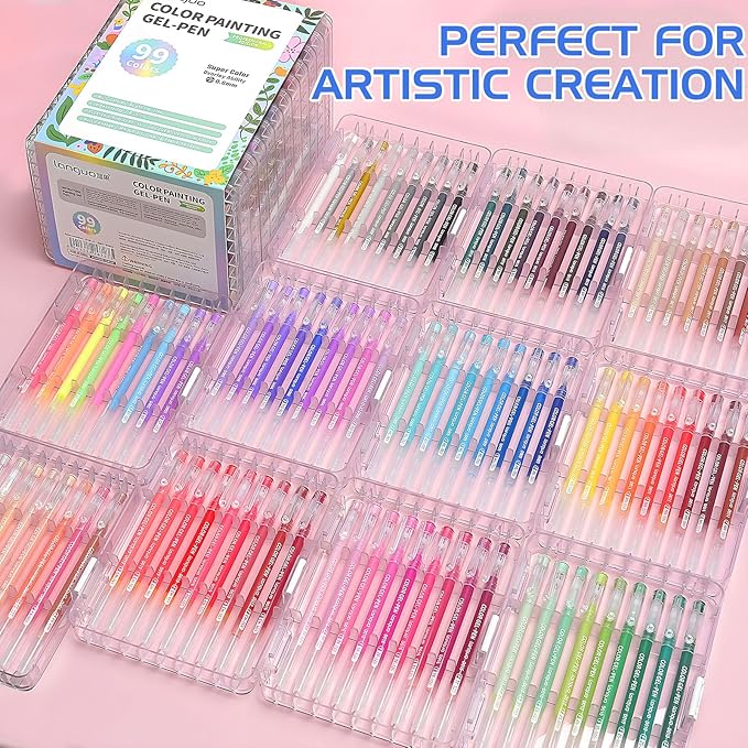 99 Color Gel Pens, 0.6 mm Fine Tip Gel Pens for Adult Coloring Book—Portable Case gel pens Colored for Journaling, Coloring, Planners, Drawing & DIY Crafts. Non-Toxic,Smooth,Water-Based
