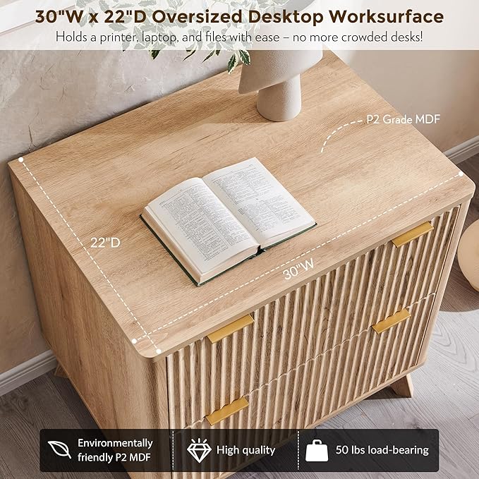 T4TREAM 2 Drawer File Cabinet, 30" Fluted Lateral File Cabinet w/Files Hanging Rod for Letter/Legal/A4, Large Tabletop for Printer, Office Wood Printer Cabinets, Natrual Oak