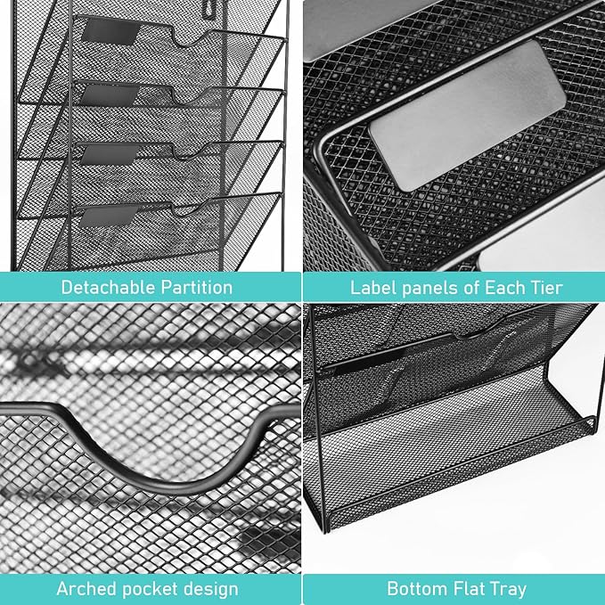 GALASALA Wall File Organizer, 6 Pockets Mesh Hanging File Organizer, Wall Mount File Holder With Hooks, Wall Organizer Magazine Rack for Office Supplies, Black