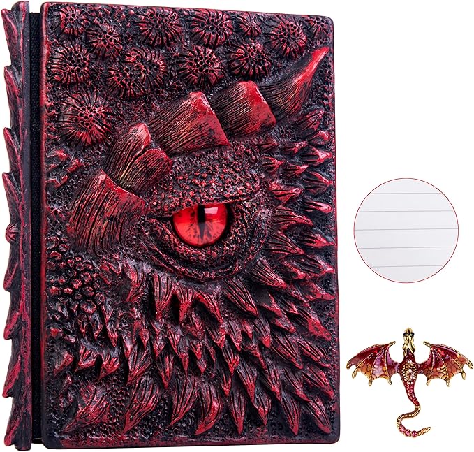 3D Dragon Eye Embossed Journal,Resin Engraving Notebook,Dnd notebook for Dragon Lovers ，Blank Paper,Hardcover Travel Notepad for Writing,Sketchbook,Collection,Gift,Decoration A4 and A5 Size (A5-Red-Lined-Brooch)
