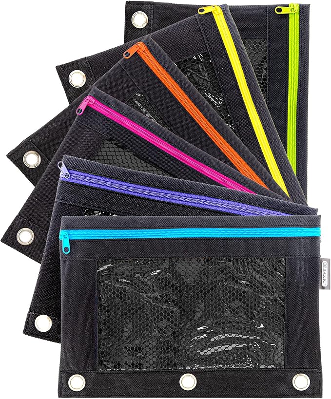 BAZIC Pencil Pouch 3 Ring Binder Pouch w/Rivet Enforced Rings Holes, Neon Black Color Mesh Window Zipper Pouches, 24-Pack